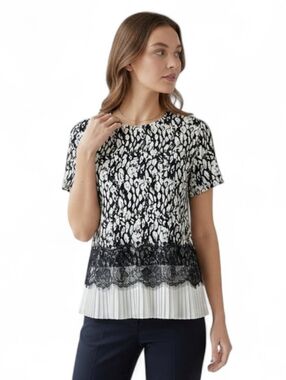 Laundry by Shelli Segal Abstract Print Lace Pleated Hem Layering Top XS
